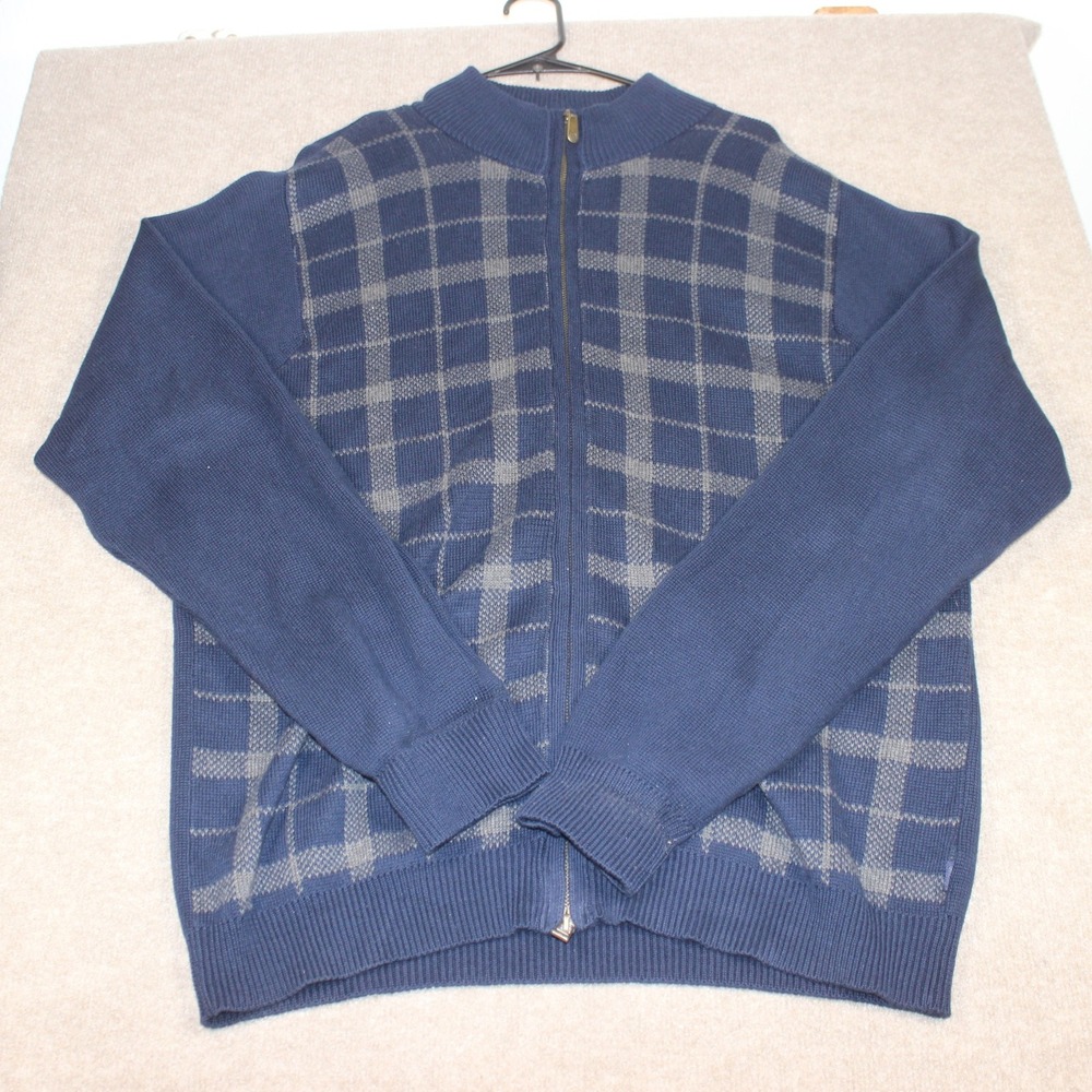 IZOD Mens XL Full Zip Cardigan Sweater Navy Blue Grey Plaid Cotton Mock Neck
